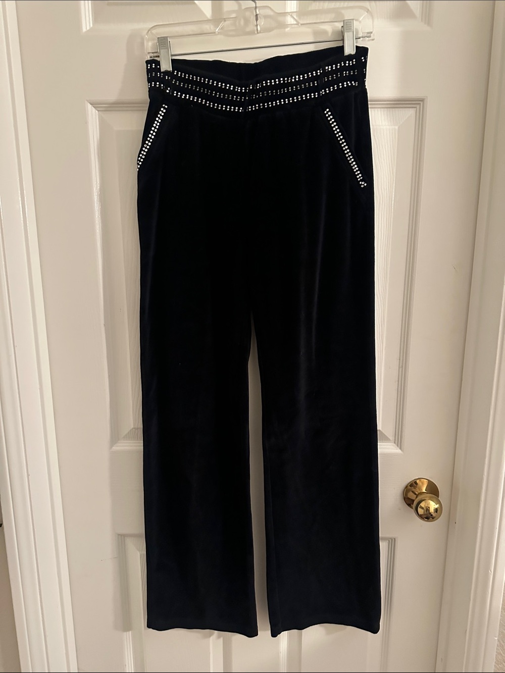 BCBGMaxAzria Black Wide-Leg Velour Pants with Studded Trim